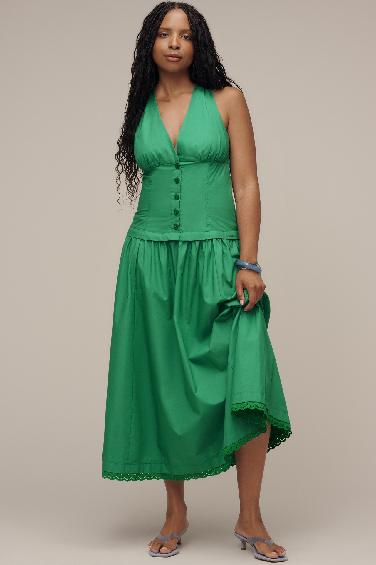 Maeve Halter V-Neck Drop-Waist Midi Dress