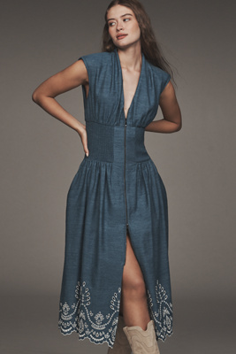 By Anthropologie The Tommie Denim Eyelet Trim Dress In Blue