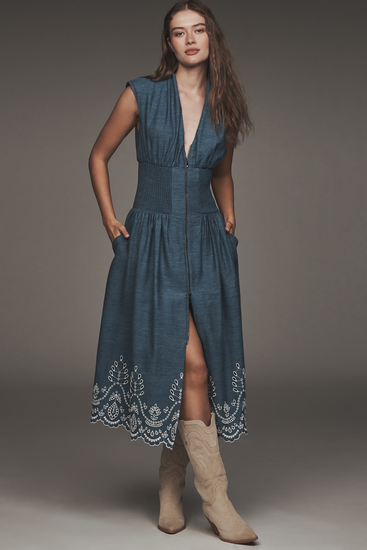 The Tommie Denim Eyelet Trim Dress