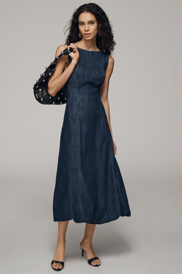 Boat-Neck Denim Bubble Midi Dress