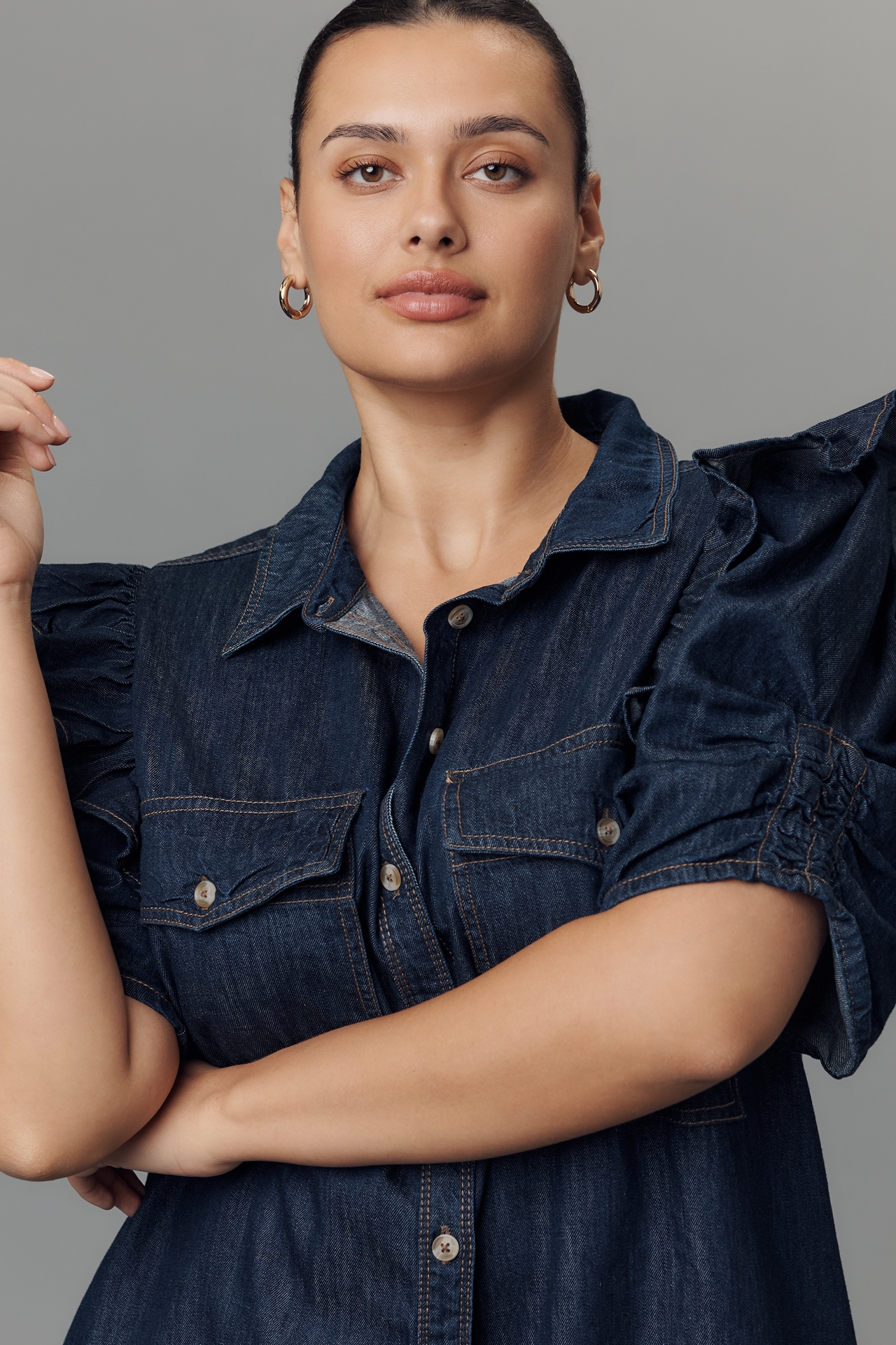 The Ozzi Ruffle-Sleeve Shirtdress by Pilcro