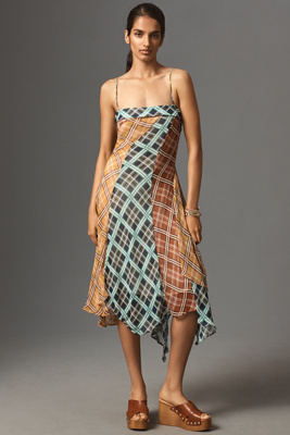 Maeve Sleeveless Asymmetric Plaid Mix Midi Dress In Multi