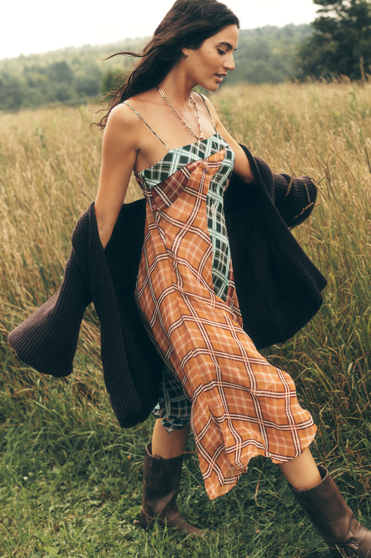 Maeve Sleeveless Asymmetric Plaid Mix Midi Dress