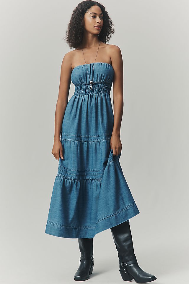 strapless denim maxi dress Medium Wash selling strapless linen dress for its effortless silhouette and easy FREEMARKET Women's Strapless Denim Maxi