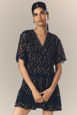 Maeve V-neck Lurex Tiered Mini Dress In Blue
