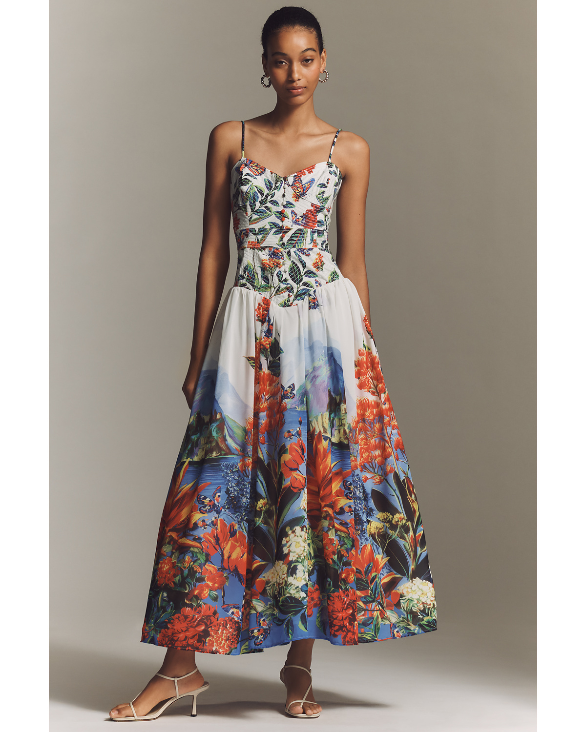 Anthropologie Muse floral basque-waist cotton midi dress
