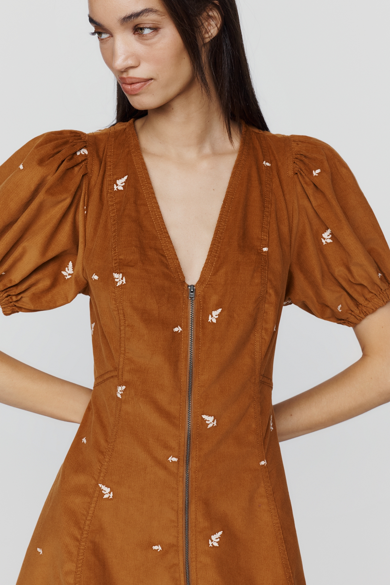 Calder Puff-Sleeve Corduroy Mini Dress