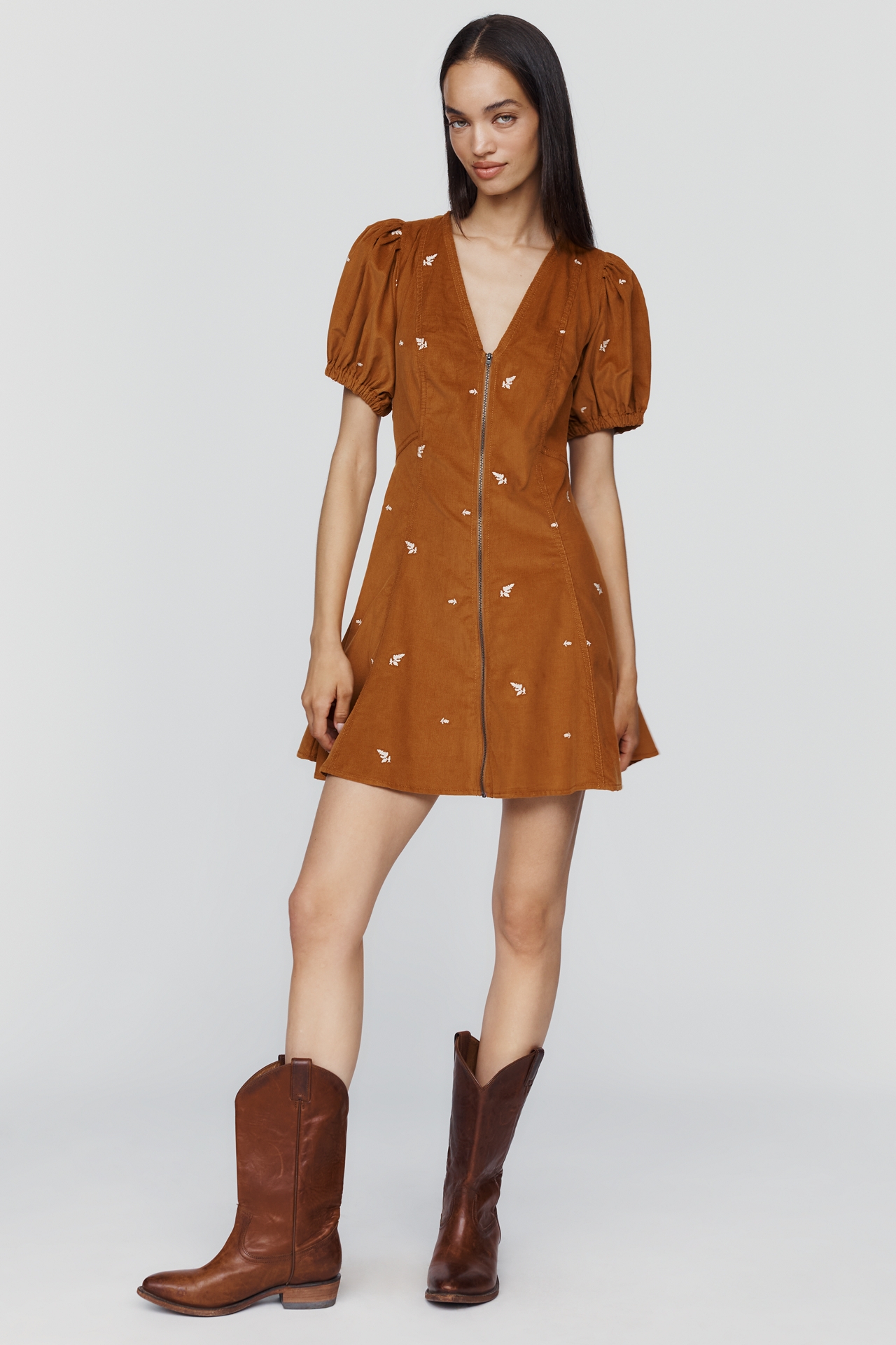 Calder Puff-Sleeve Corduroy Mini Dress