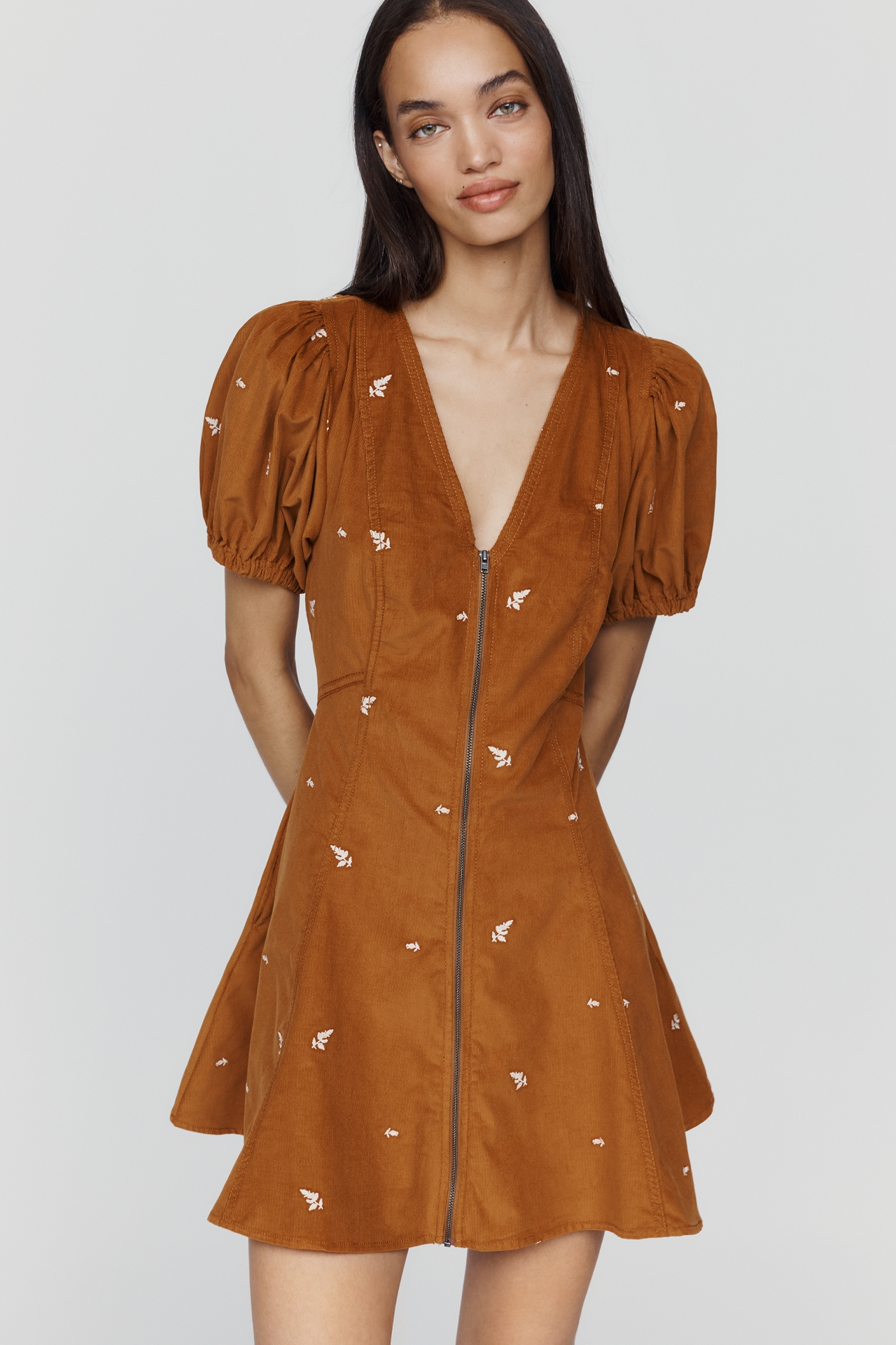 Calder Puff-Sleeve Corduroy Mini Dress