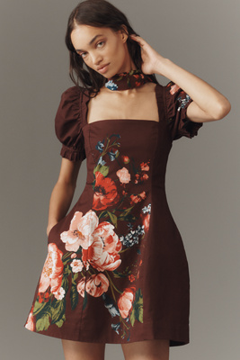 Maeve Puff-sleeve Square-neck Floral Mini Dress In Multi