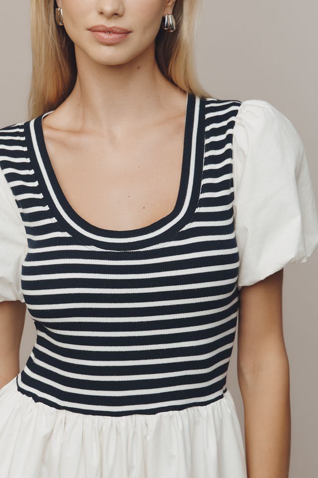 Maeve Puff-Sleeve Striped Poplin Midi Dress #1