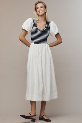 Maeve Puff-Sleeve Striped Poplin Midi Dress