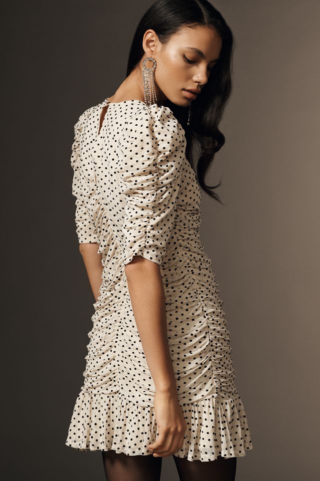 Maeve Puff-Sleeve Ruched Mesh Polka Dot Mini Dress #1