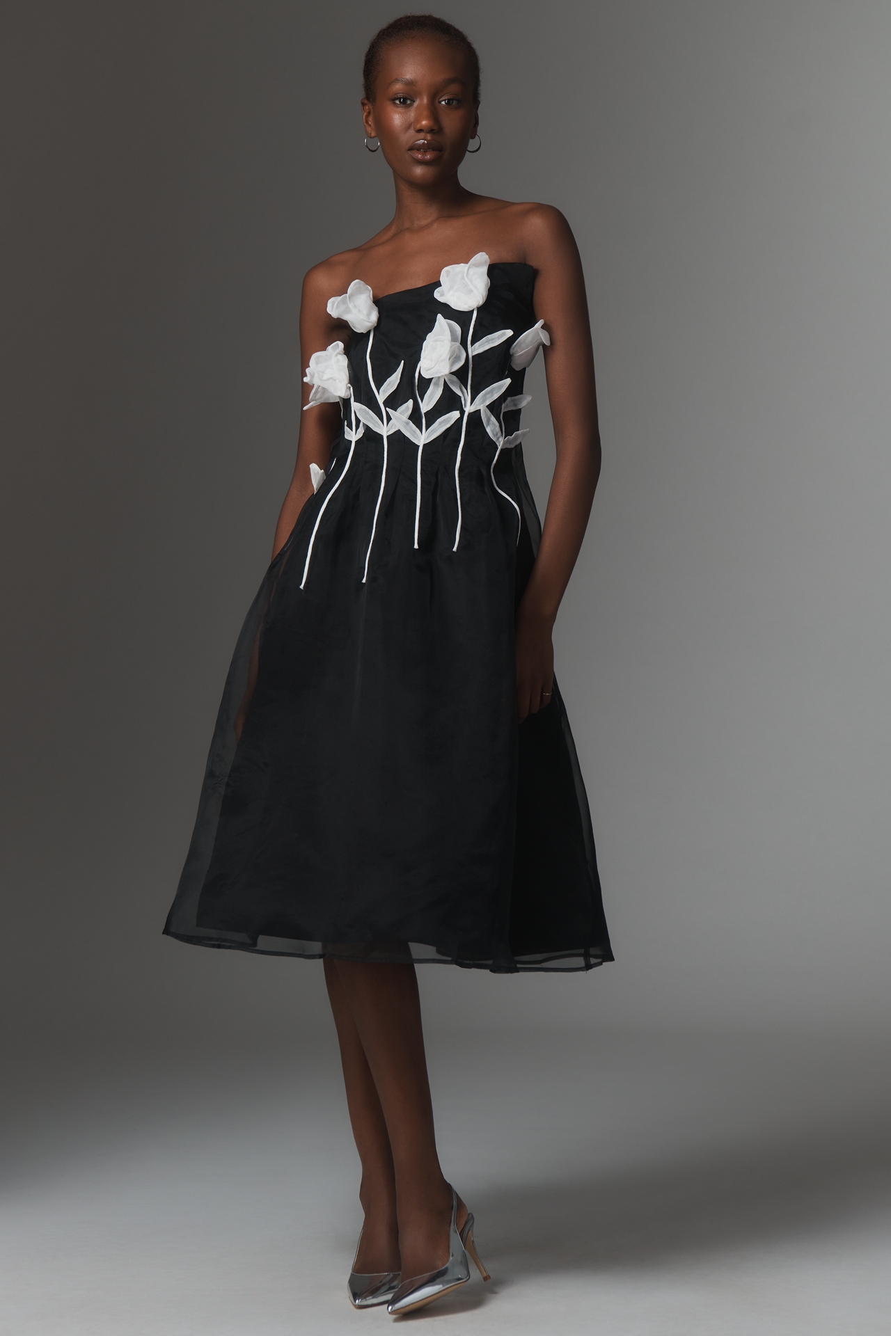 Maeve 3D Floral Strapless Midi Dress