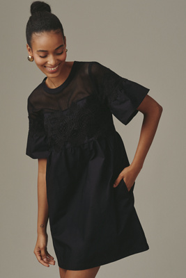 By Anthropologie Cotton Poplin Swing Mini Dress In Black