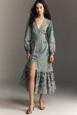 By Anthropologie Floral Button-Front Midi Dress