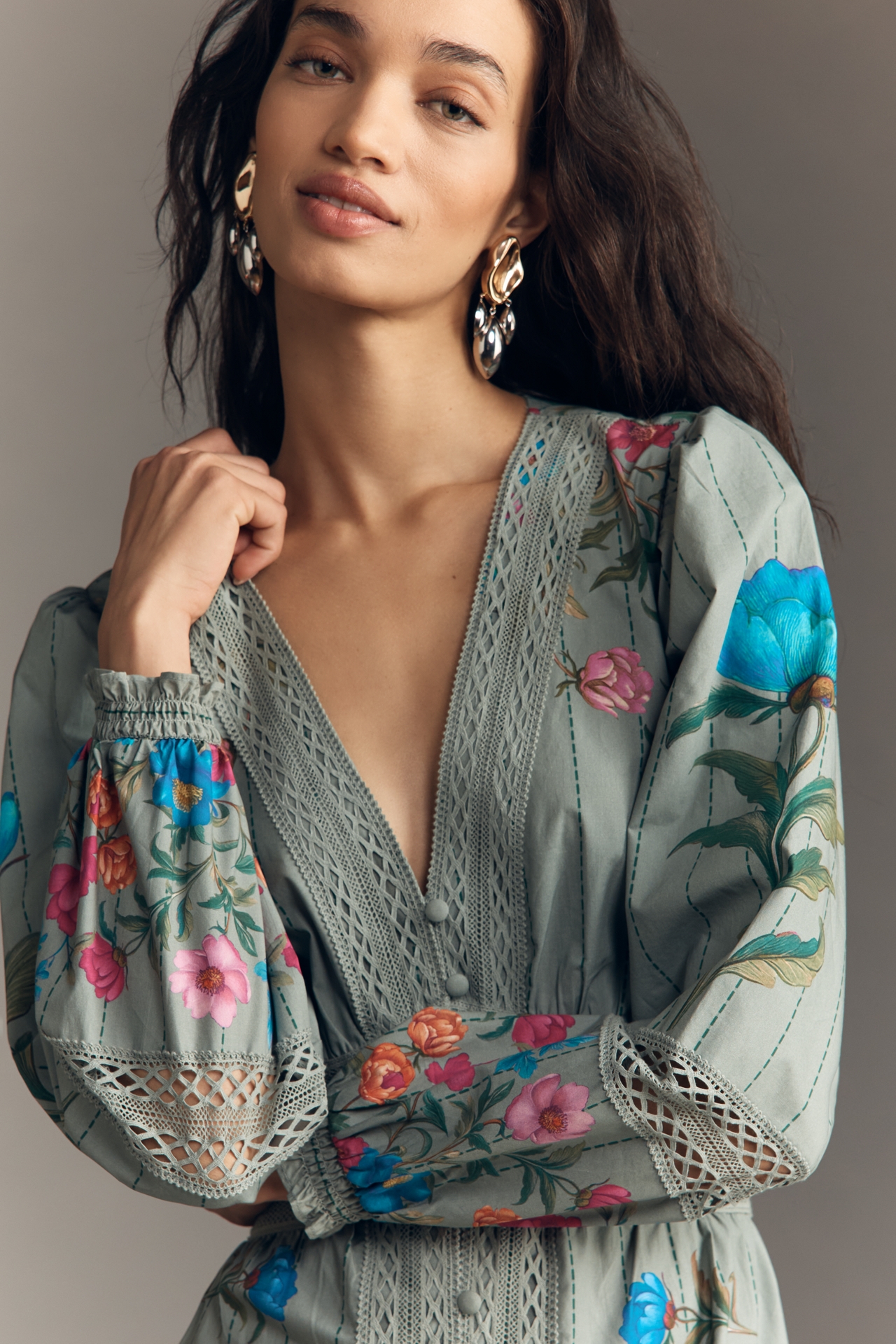 By Anthropologie Floral Button-Front Midi Dress