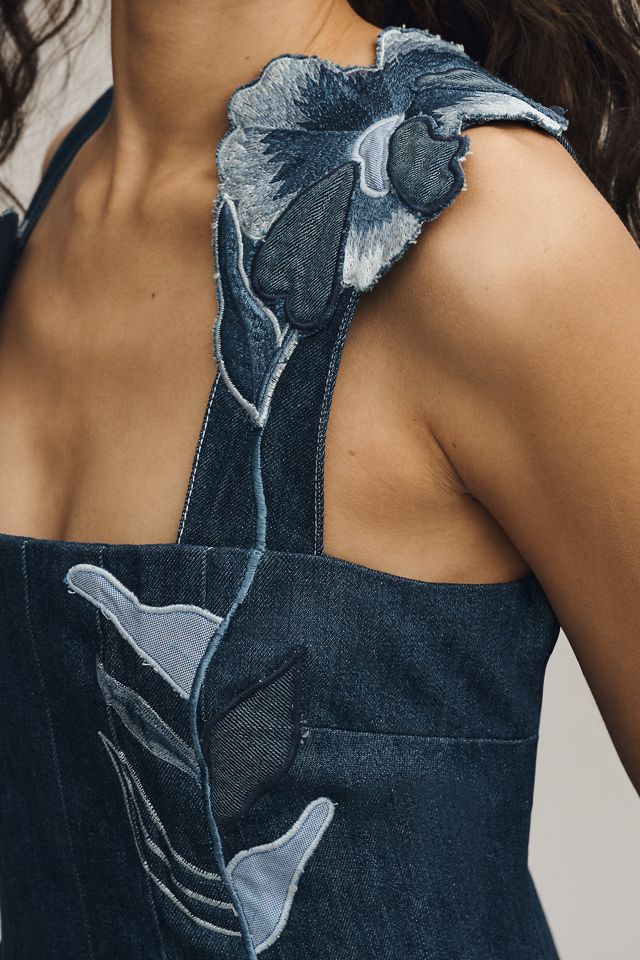 Maeve Denim Embroidered Fit & Flare Midi Dress