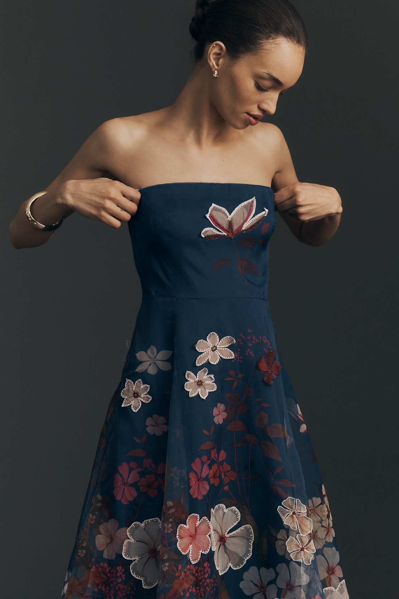 Maeve Strapless Floral Chiffon Midi Dress