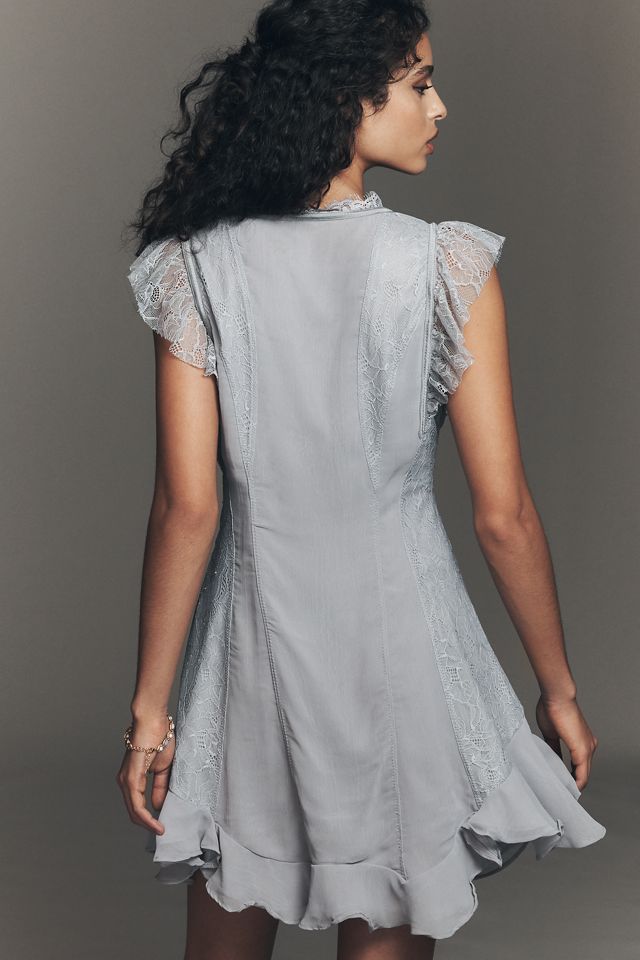 Seamed Flutter Sleeve Dress by Anthropologie in Blue, Size: Large