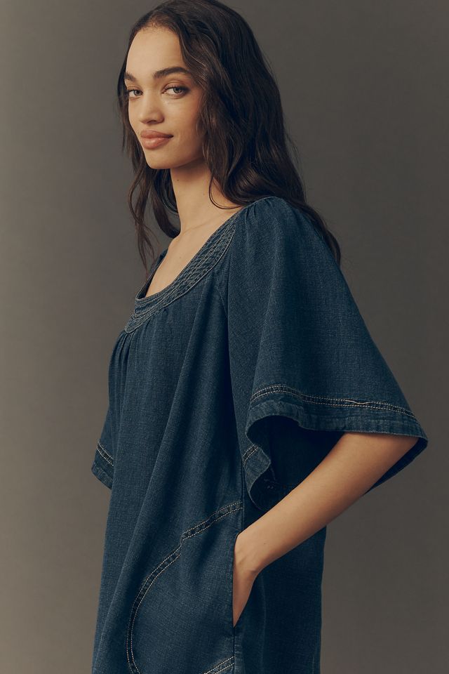 Pilcro Short-Sleeve Square-Neck Denim Swing Dress | Anthropologie