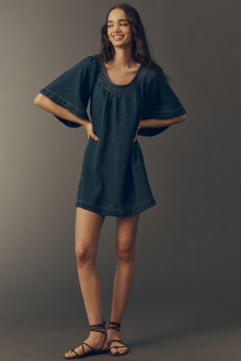 anthropologie blue dress short Anthropologie Blue Eyelet Button Up Dress with Slip- Size L main image 1