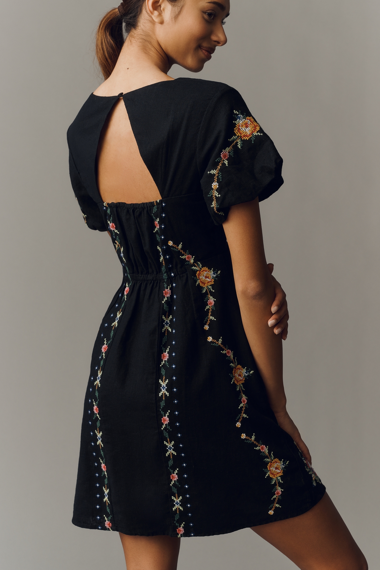 By Anthropologie Linen Cotton Cutwork Mini Dress