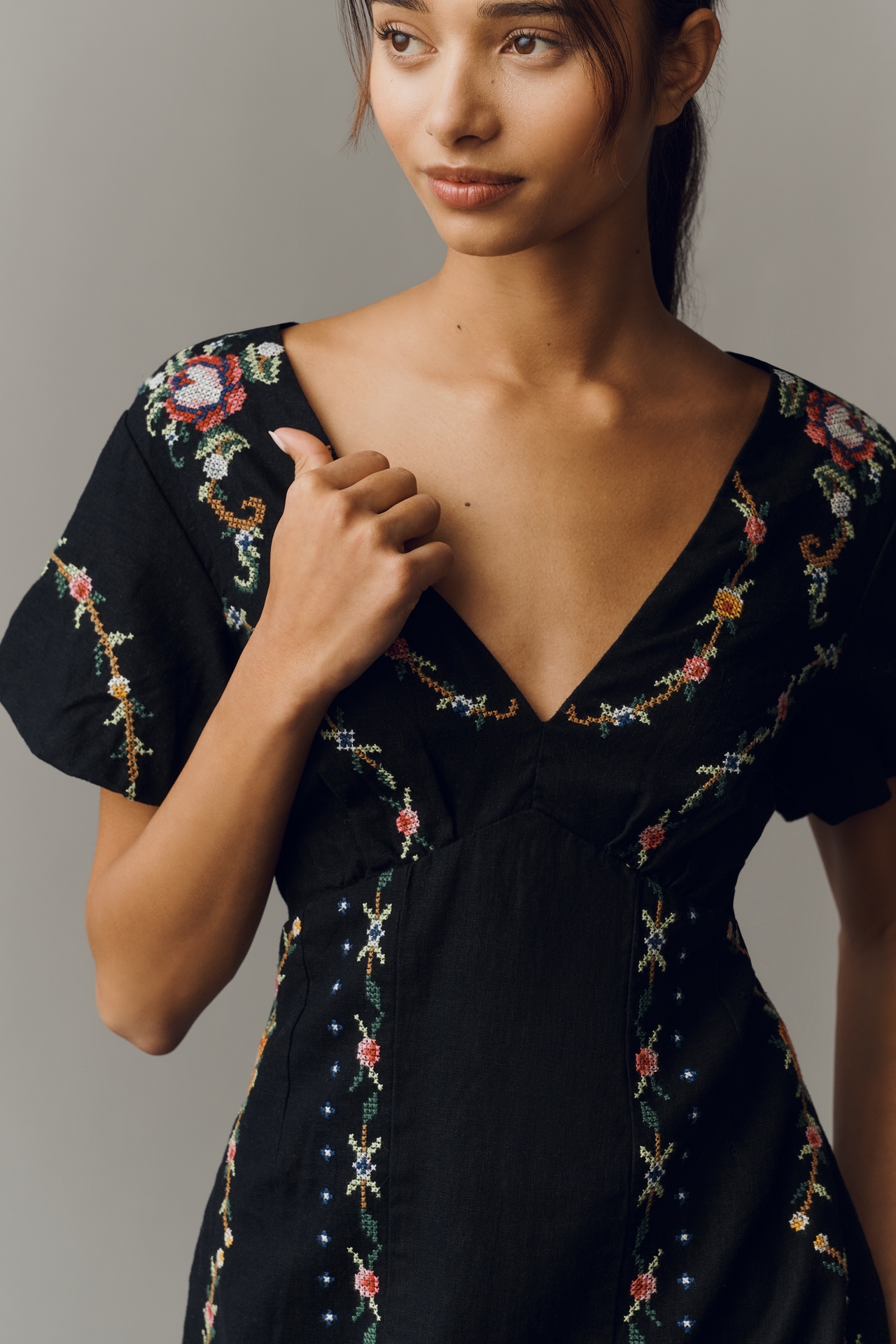 By Anthropologie Linen Cotton Cutwork Mini Dress