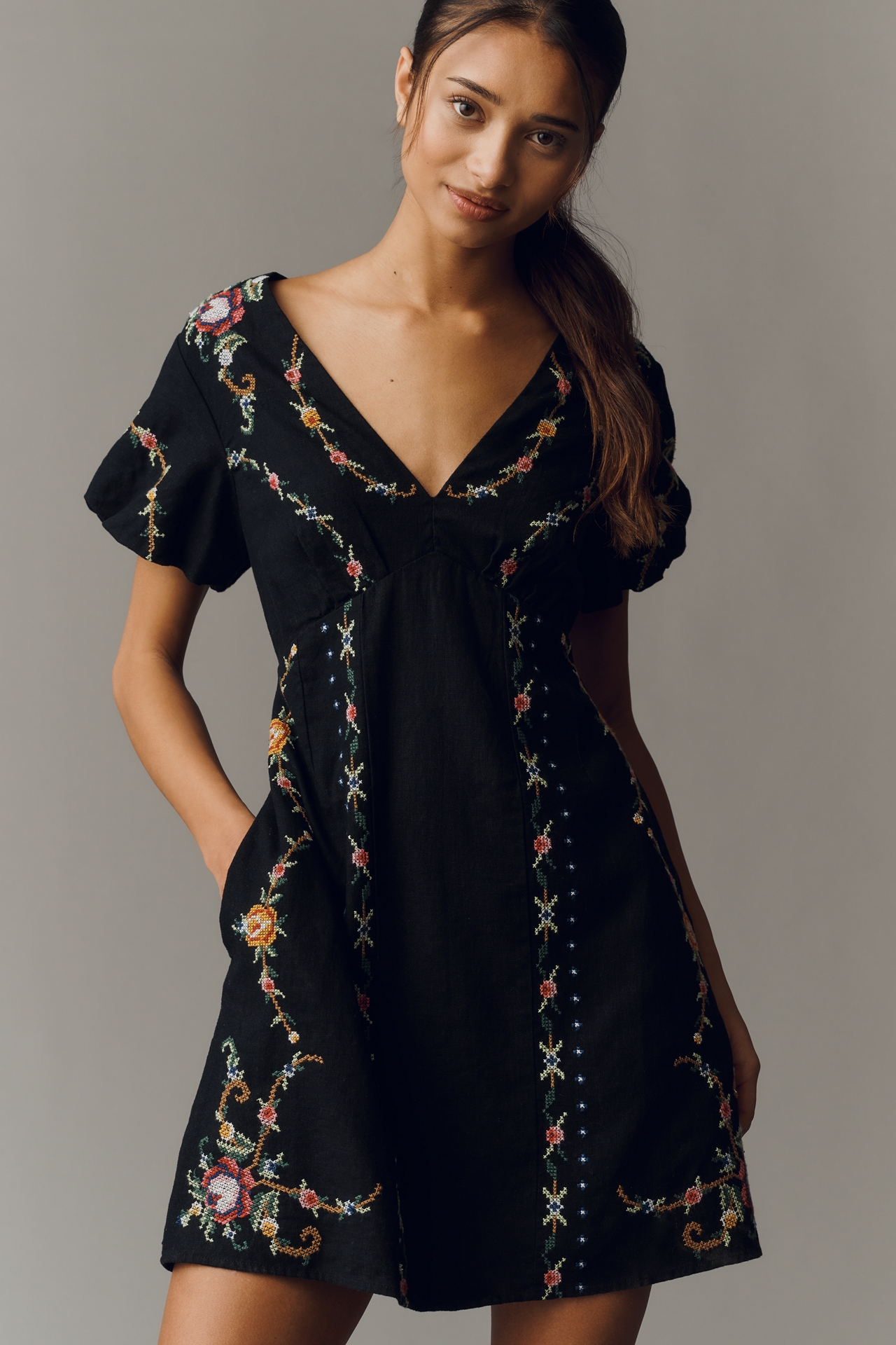By Anthropologie Linen Cotton Cutwork Mini Dress