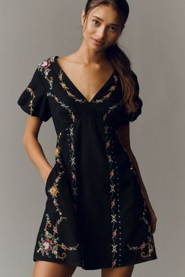 By Anthropologie Embroidered Short-Sleeve Mini Swing Dress | Anthropologie