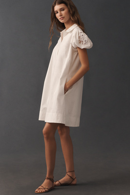 Embroidered Puff-Sleeve Mini Shirt Dress