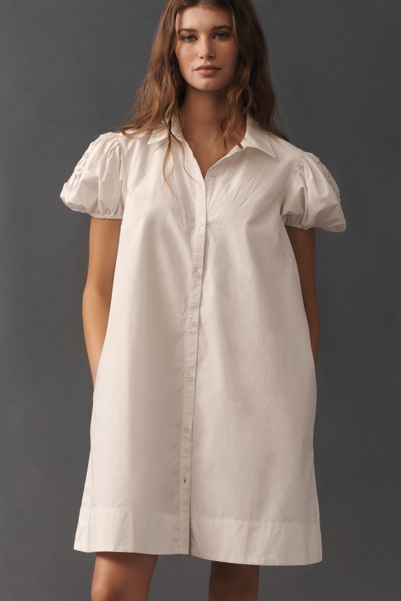 Maeve Embroidered Puff-Sleeve Mini Shirt Dress