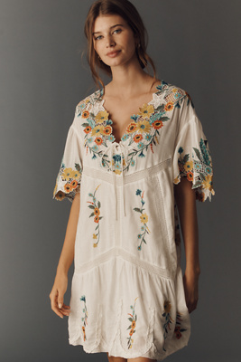 Embroidered Short-Sleeve Mini Swing Dress by Anthropologie, Size: XXS