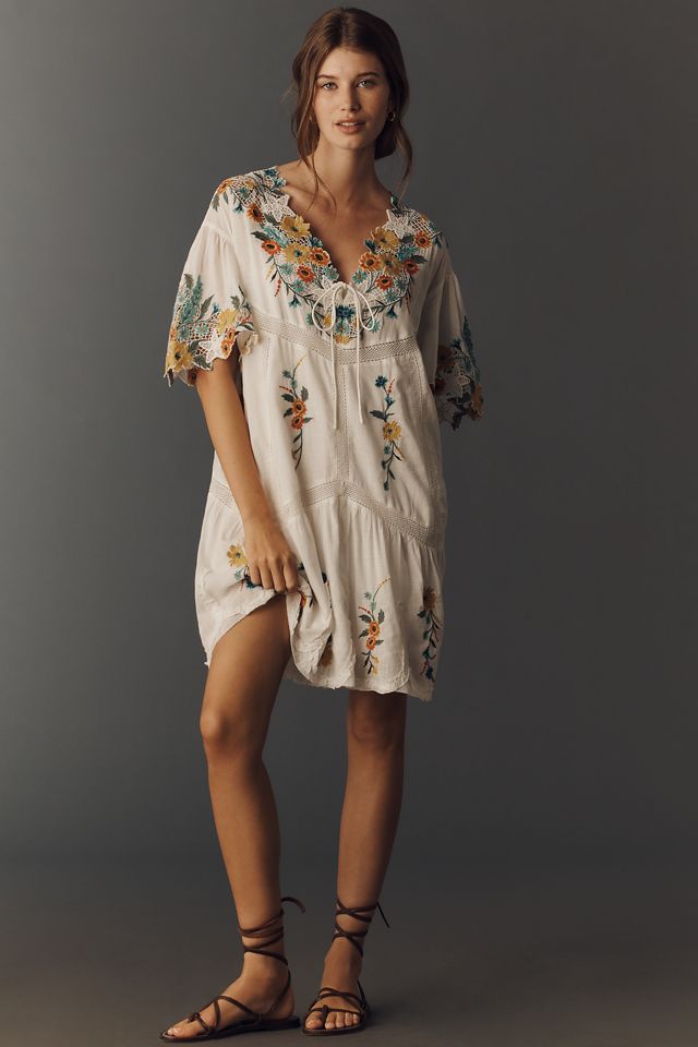 embroidered mini swing dress Floral Embroidered Halter Swing Dress