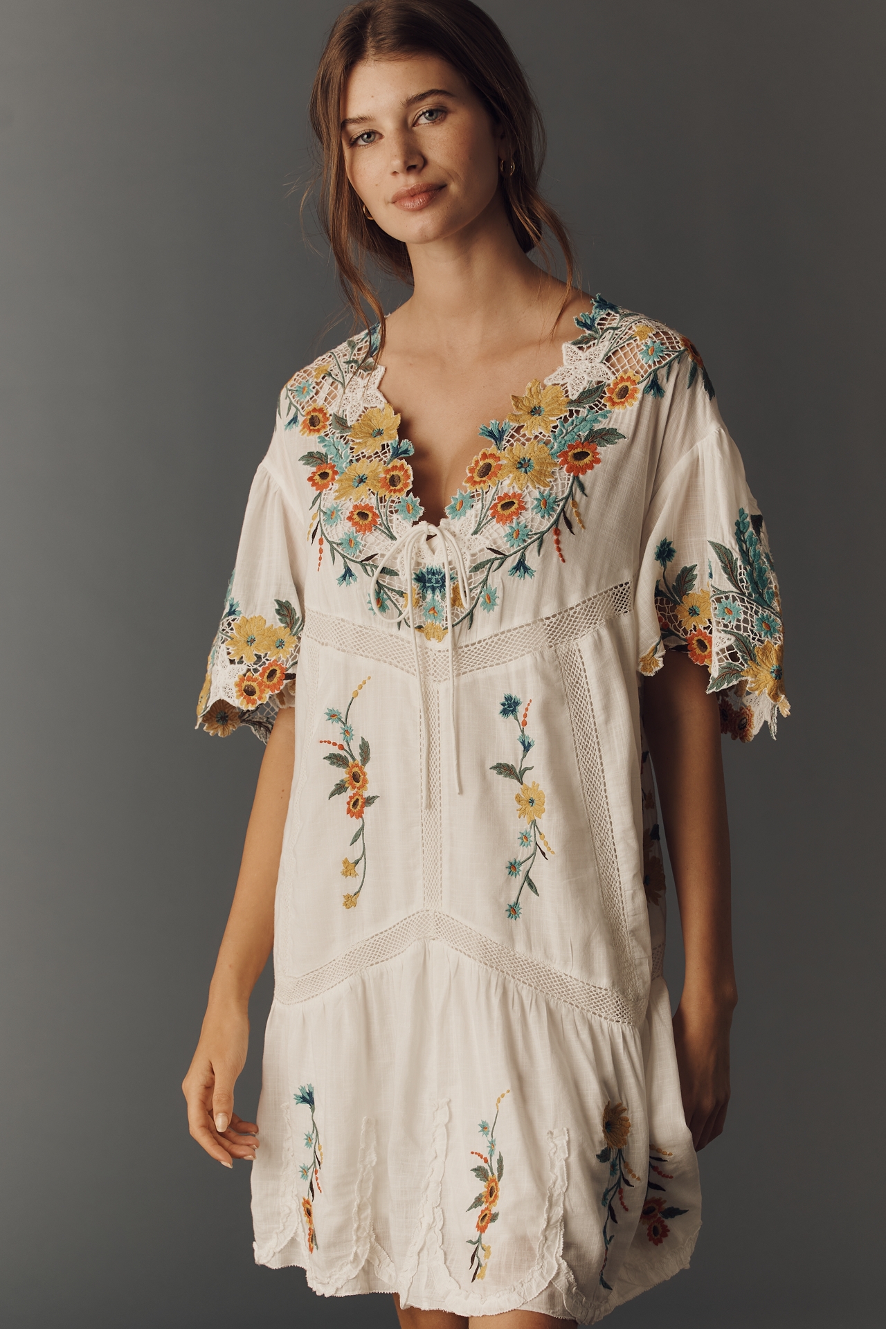 By Anthropologie Embroidered Short-Sleeve Mini Swing Dress