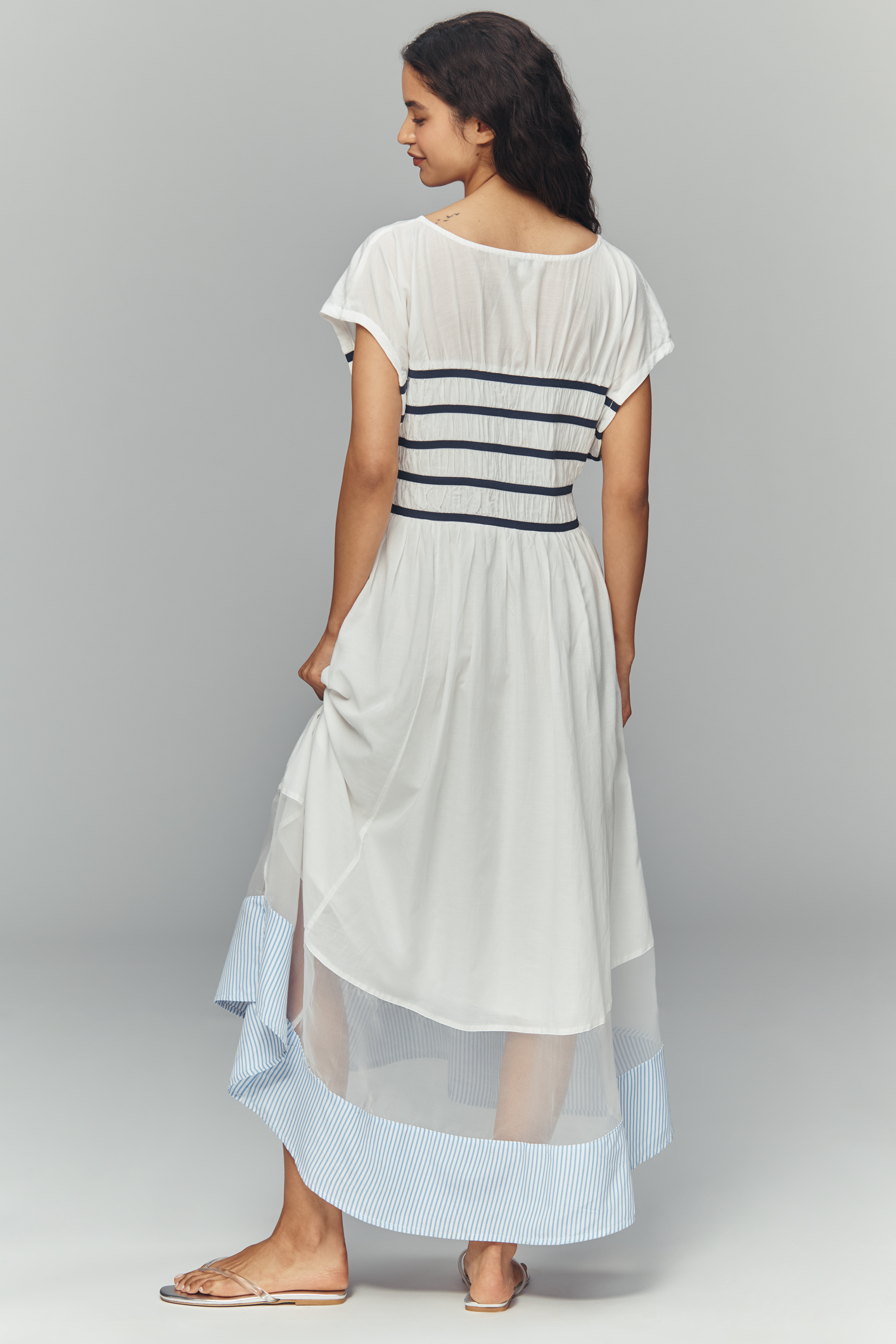 Smocked Short-Sleeve Sheer Hem Midi Dress — Image 3