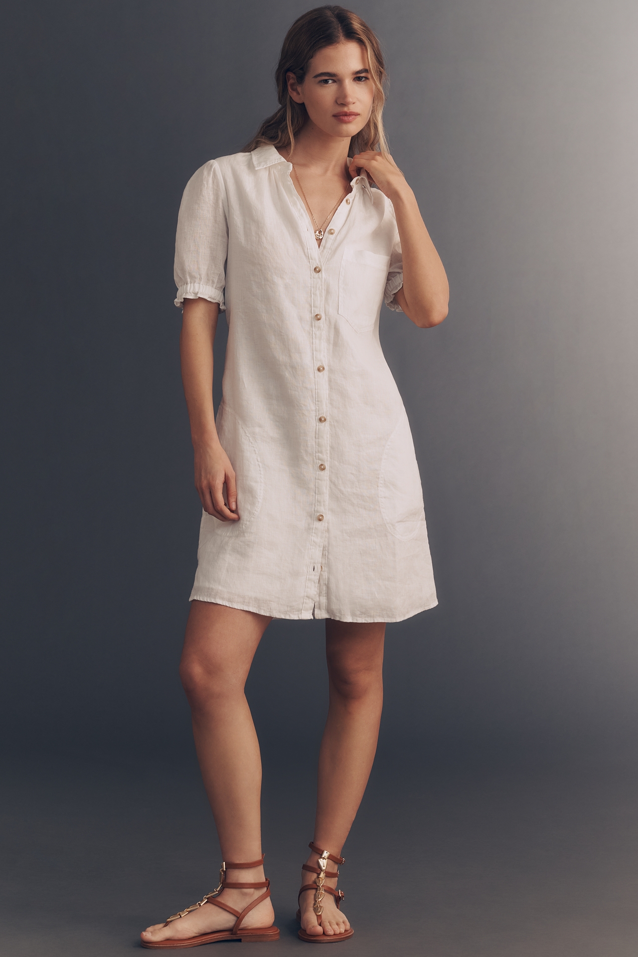 Aly 100% European Linen Puff-Sleeve Mini Shirtdress