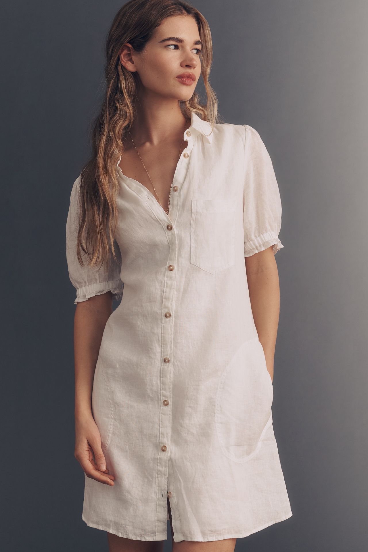 Aly 100% European Linen Puff-Sleeve Mini Shirtdress