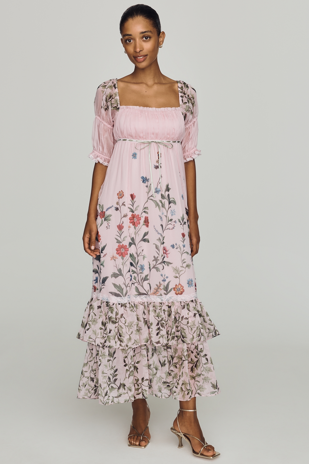By Anthropologie Puff-Sleeve Ruffle Midi Dress