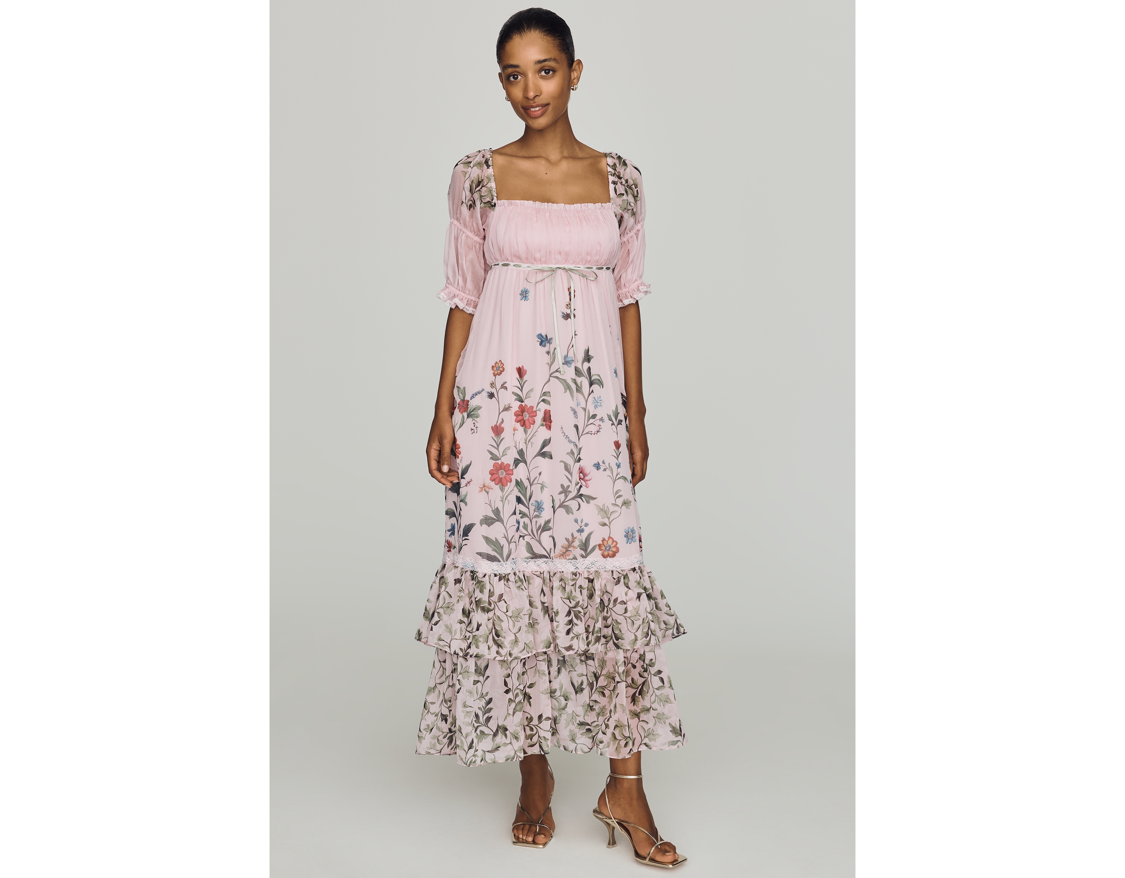 By Anthropologie Puff-Sleeve Ruffle Midi Dress