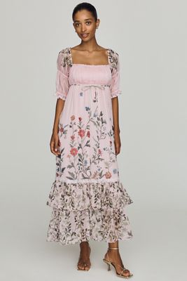By Anthropologie Puff-Sleeve Ruffle Midi Dress