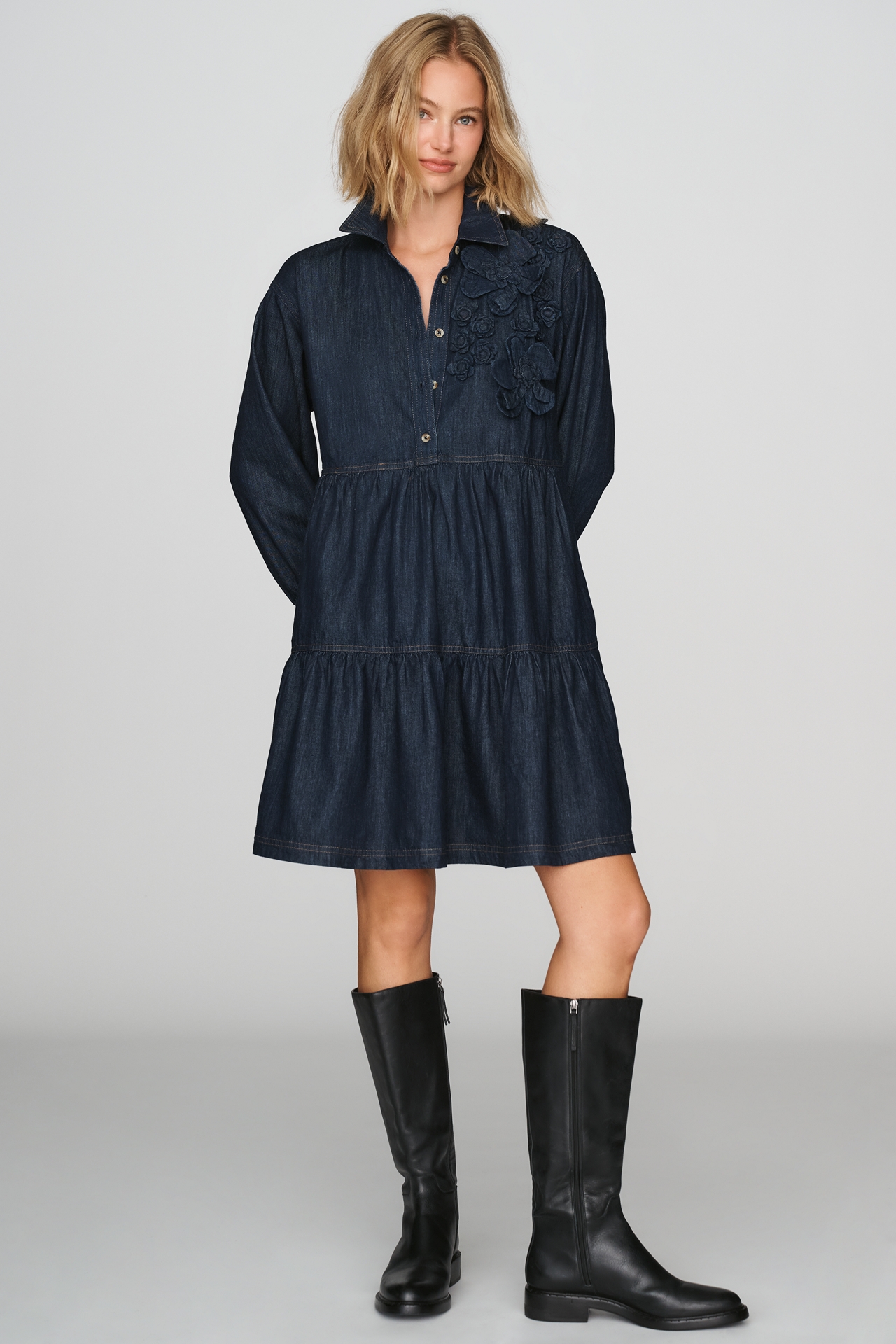 Maeve Bettina 100% Cotton Denim Tiered Mini Shirtdress