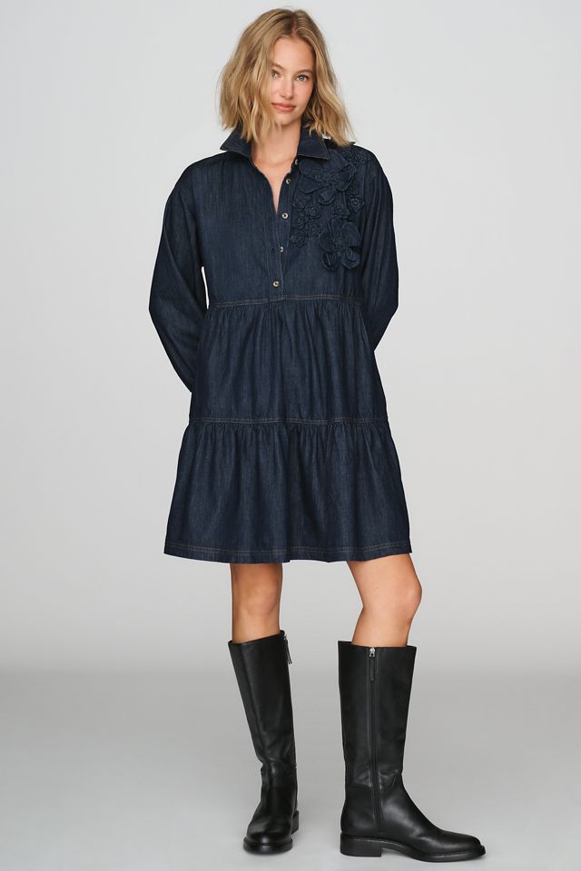 Maeve Bettina 100% Cotton Denim Tiered Mini Shirtdress #1