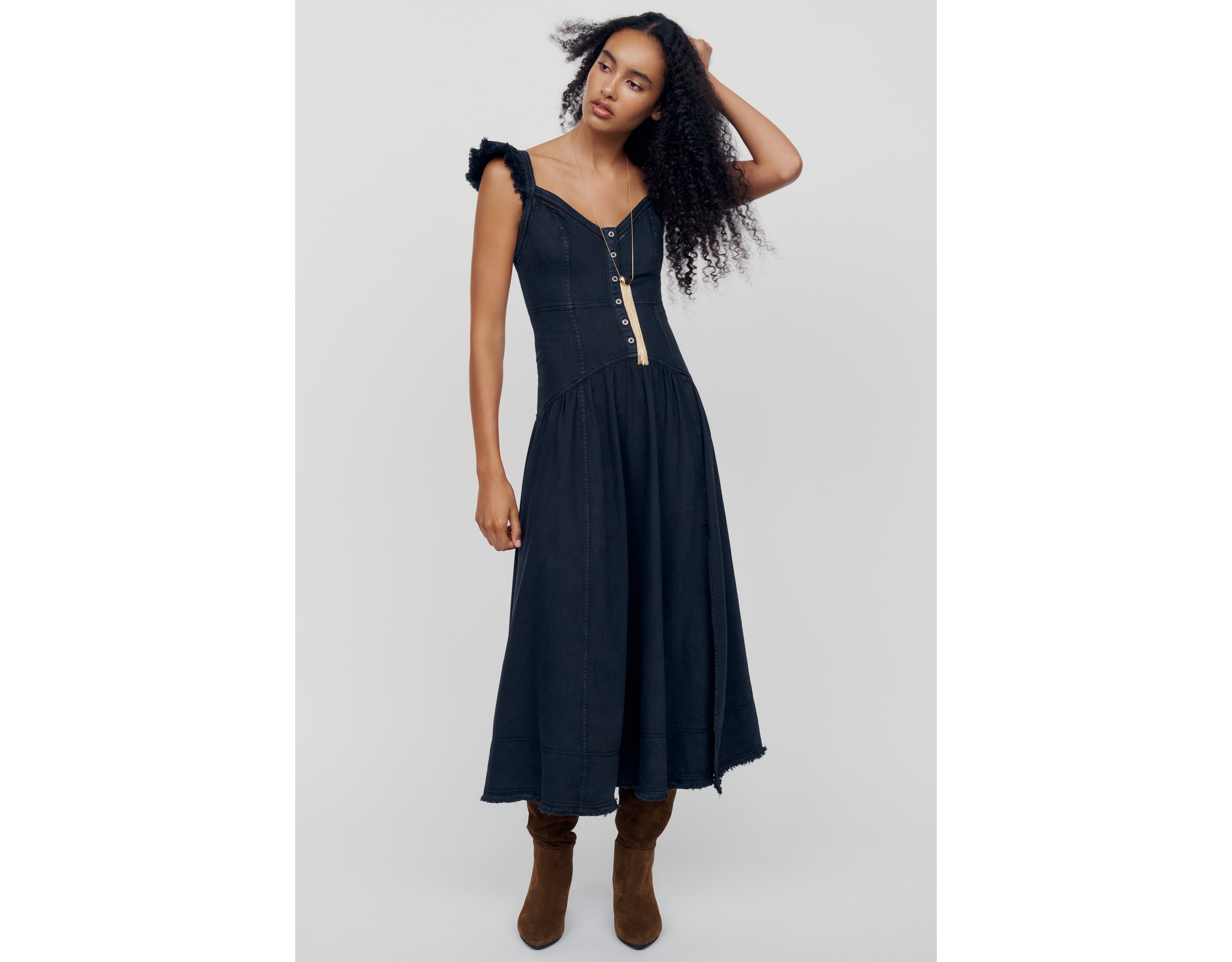 Pilcro 100% Cotton Ruffled Denim Midi Dress