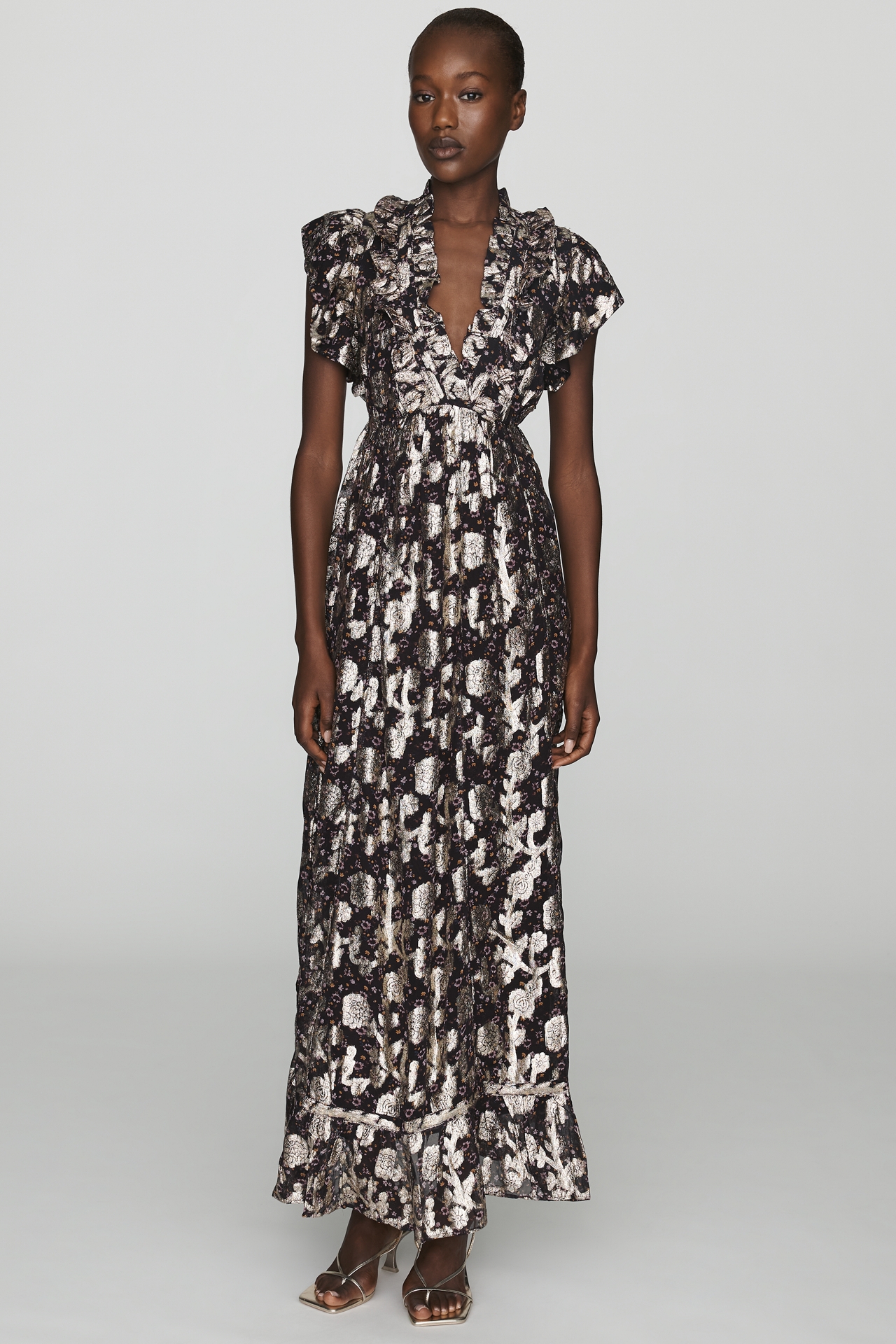 Maeve Metallic Flutter-Sleeve Maxi Dress