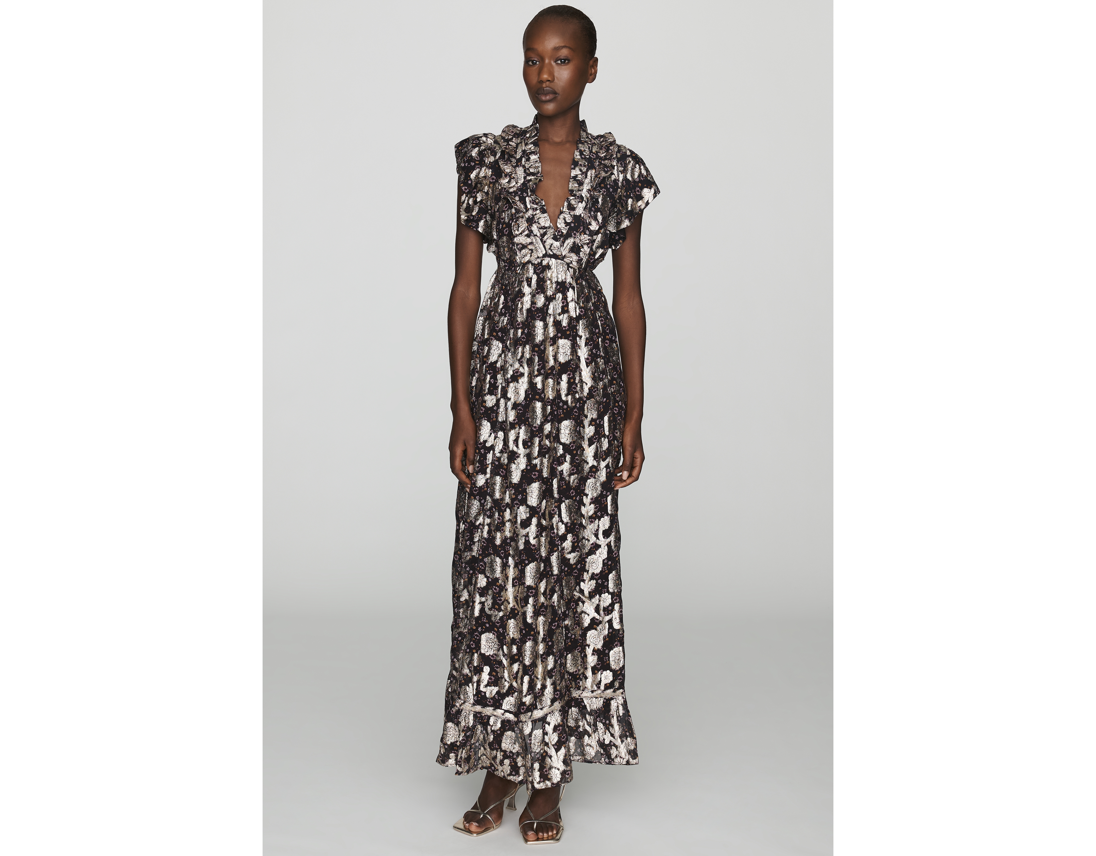 Maeve Metallic Flutter-Sleeve Maxi Dress