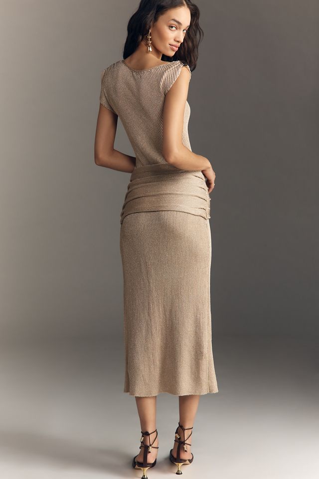 Shine Knit Wrap Midi Dress by BLITHE in Beige, Size: XS at Anthropologie