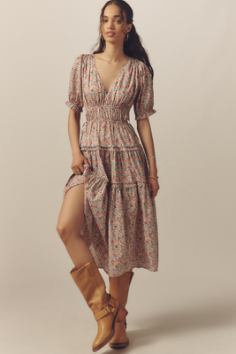Love The Label Sasha Short-sleeve V-neck Tiered Midi Dress In Multi