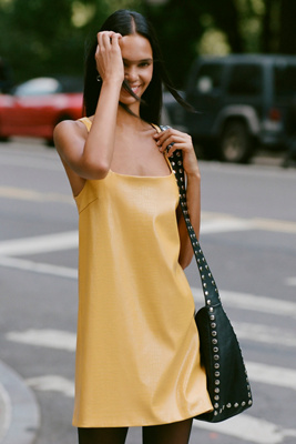 Siempre x Anthropologie Faux Leather Mini Dress in Yellow Siempre x Anthropologie Faux Leather Mini Dress | Anthropologie