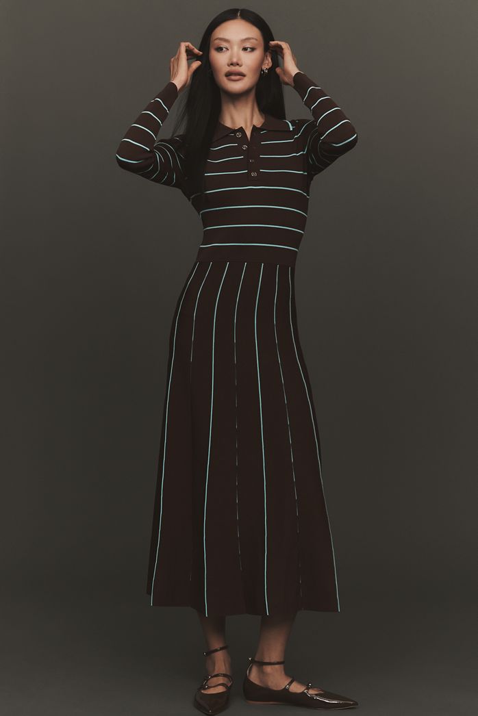 Siempre x Anthropologie Collared Long-Sleeve A-Line Midi Dress